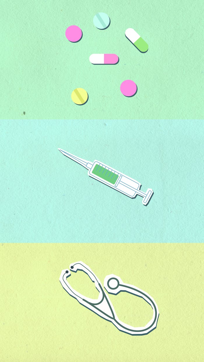 Overhead view of cutout paper appliques representing stethoscope near syringe and capsules with pills on colorful background